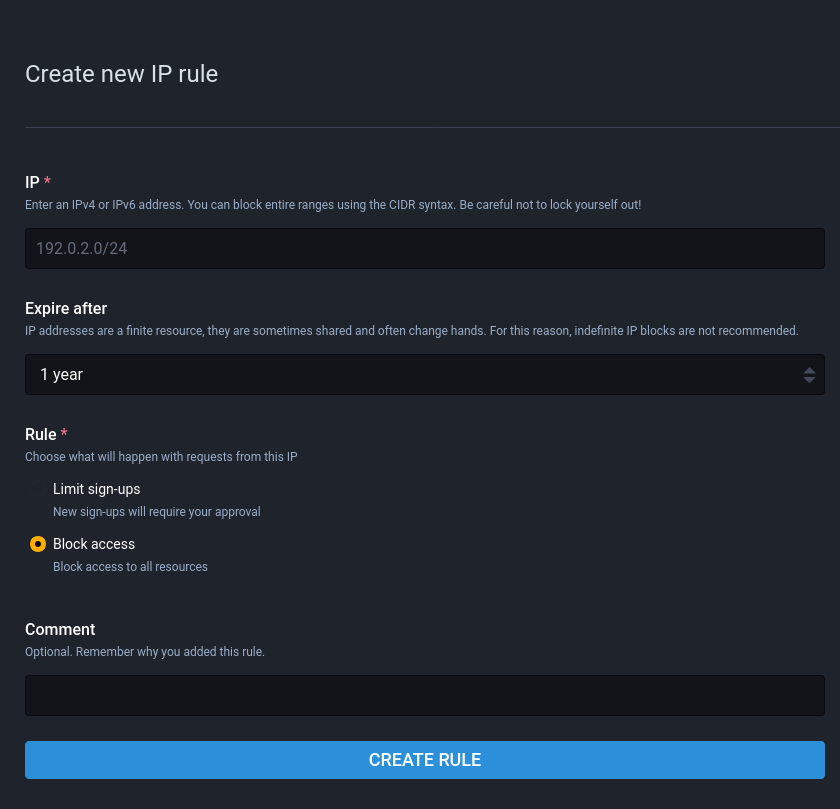 Creating a new IP rule from the admin interface