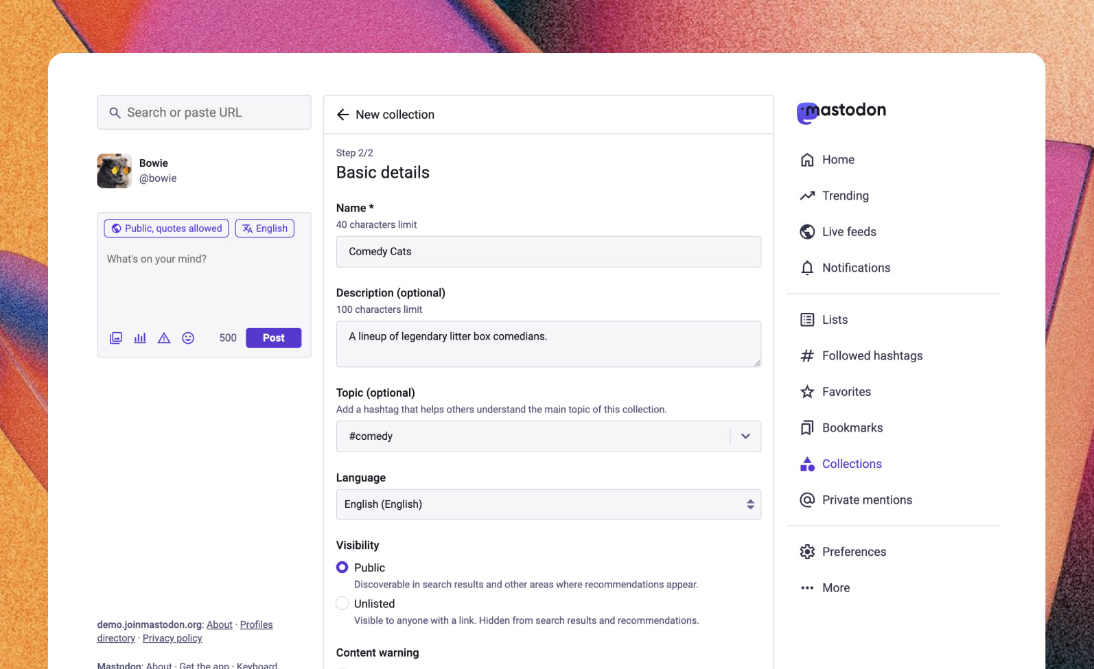 Creating a Collection, which includes fields for the Collection name, description, topic, and visibility.