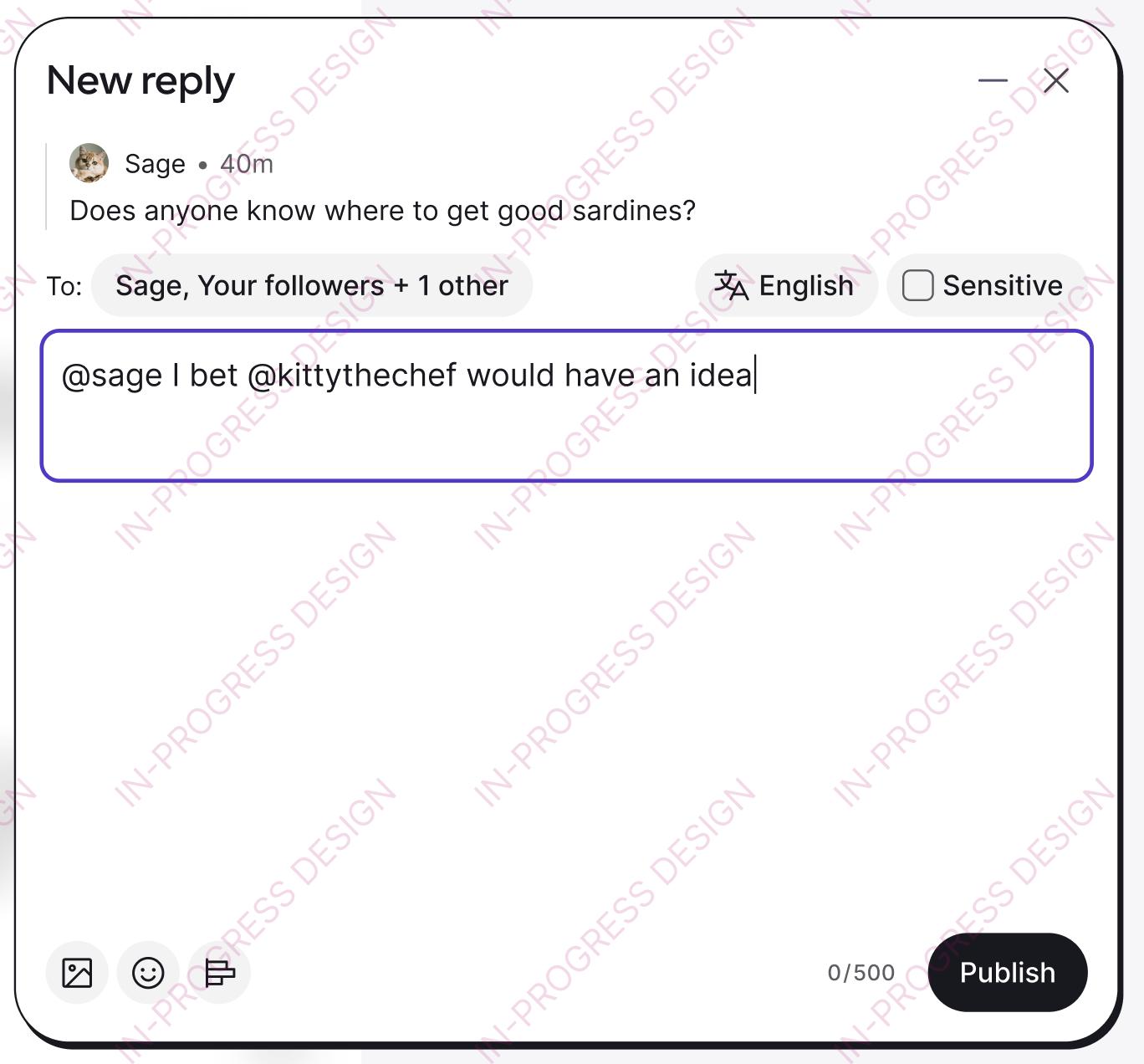 Example of a reply-in-progress, with a visibility label that includes the name of the OP and a count of other mentions (”Sage, Your followers + 1 other”)