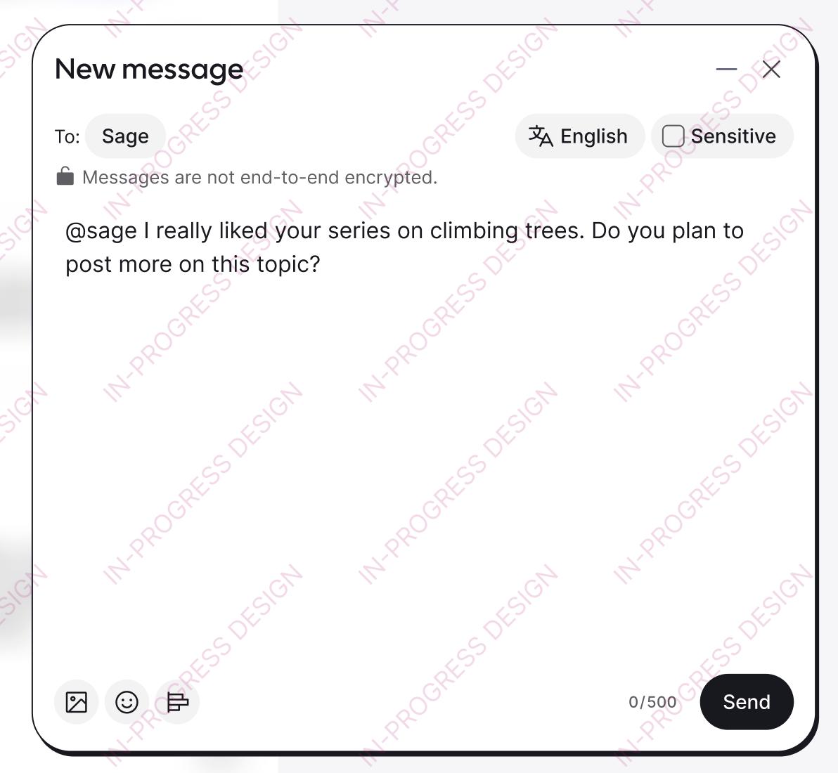 Messaging composer opened, showing a ‘New message’ header, and a clearer label on who sees the message, and a ‘Send’ instead of ‘Publish’ button.