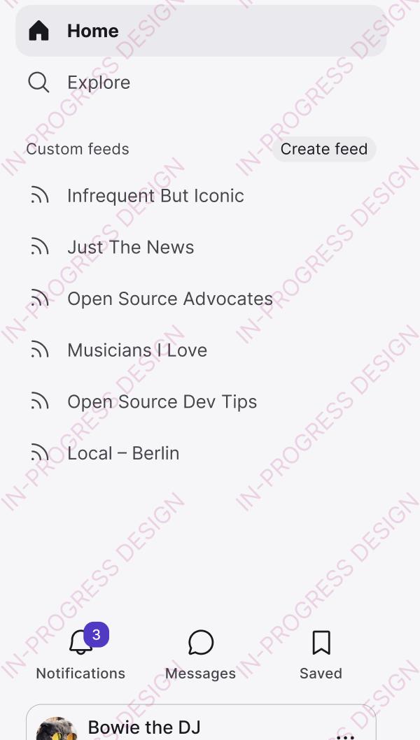 Zoomed-in example of 6 custom feeds in the main navigation.
