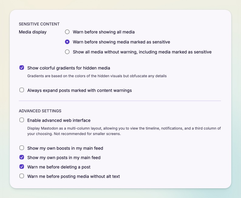 Under Advanced Settings, two new options allow you to decide if your own boosts and posts appear in your main feed.