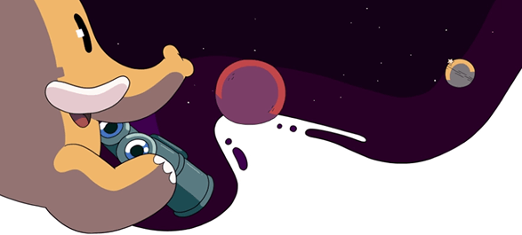 Colourful illustration of the Mastodon mascot holding binoculars, looking up at a star-filled night sky.